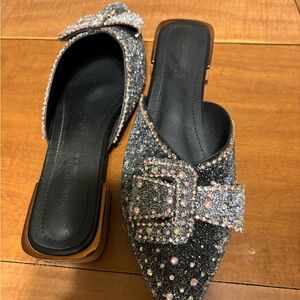 Elegant Glitter Mules with Bow Accent